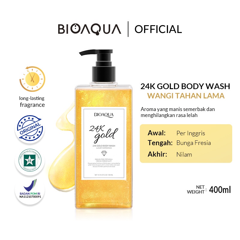 GIRLSNEED77 - COD 【BPOM】BIOAQUA 24K Gold Body Wash 400ml Shower Gel English Pear &amp; Freesia scent Sabun Mandi Cair Sabun Kecantikan Long lasting fragrance