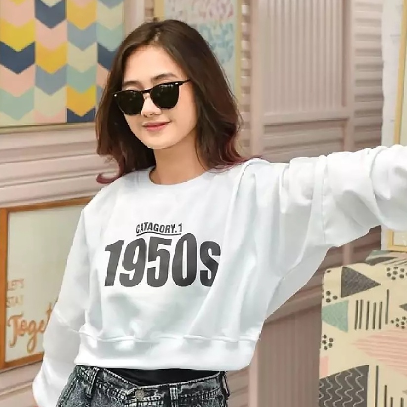 Sweater Crop Wanita | 1950s | Korean Style Cropped Sweatshirt | Baju Wanita | Bahan Fleece Tebal Dan Lembut | Allsize