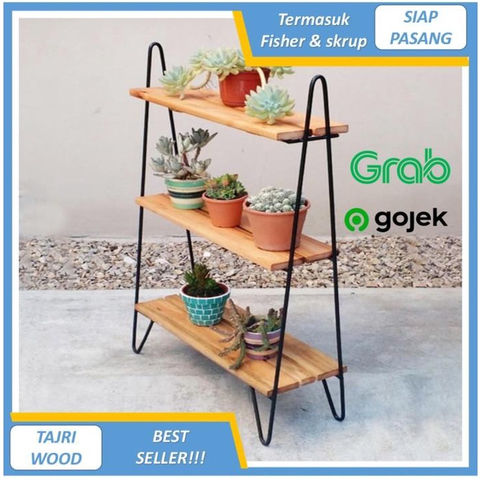 Rak Bunga Besi Kayu 3 Susun Minimalis Tempat Dekorasi Tanaman Rumah