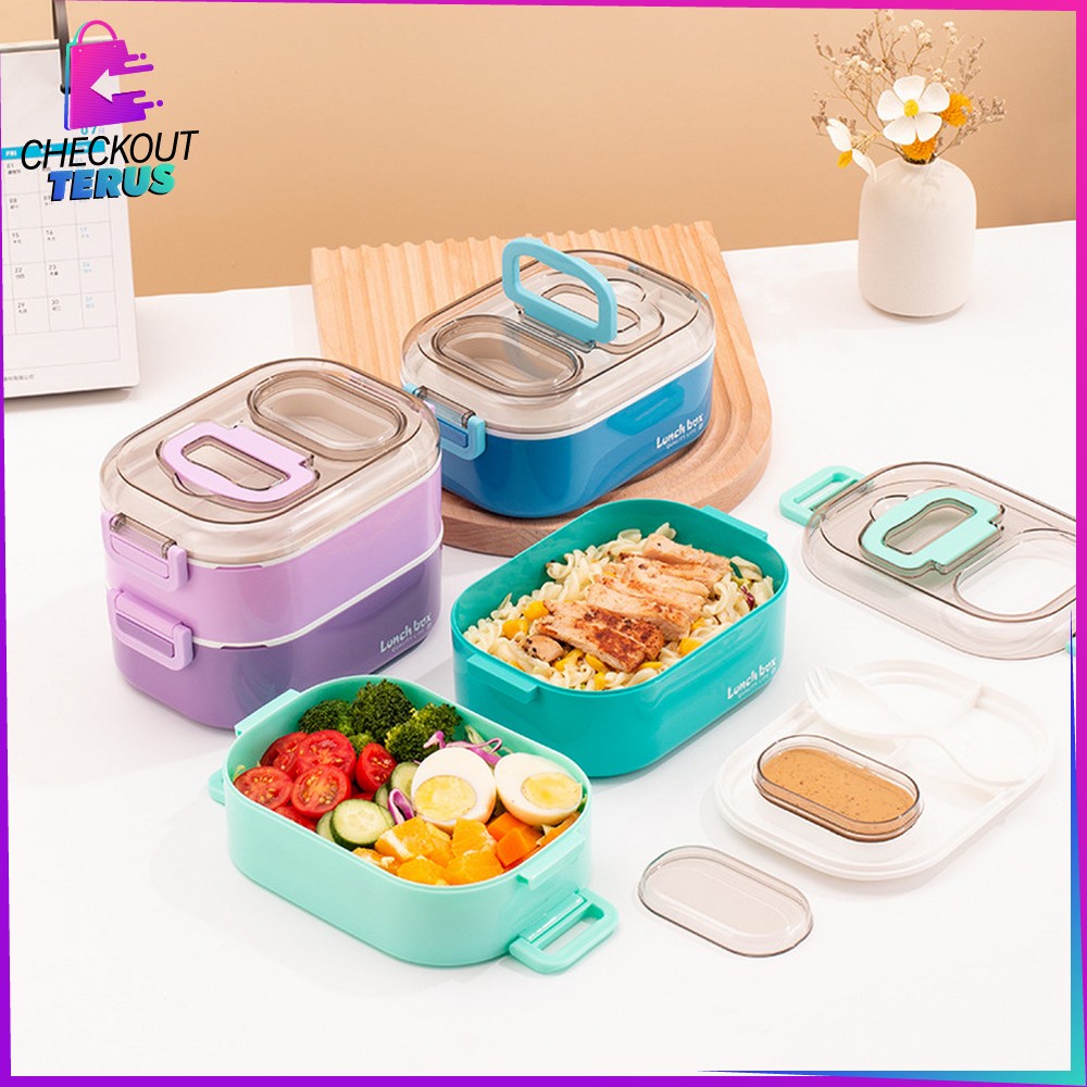 CT C696 Tempat Makan Set 2 Tingkat Anti Tumpah Dengan Pegangan Set BPA FREE Lunch Box Susun Free Sendok Portable