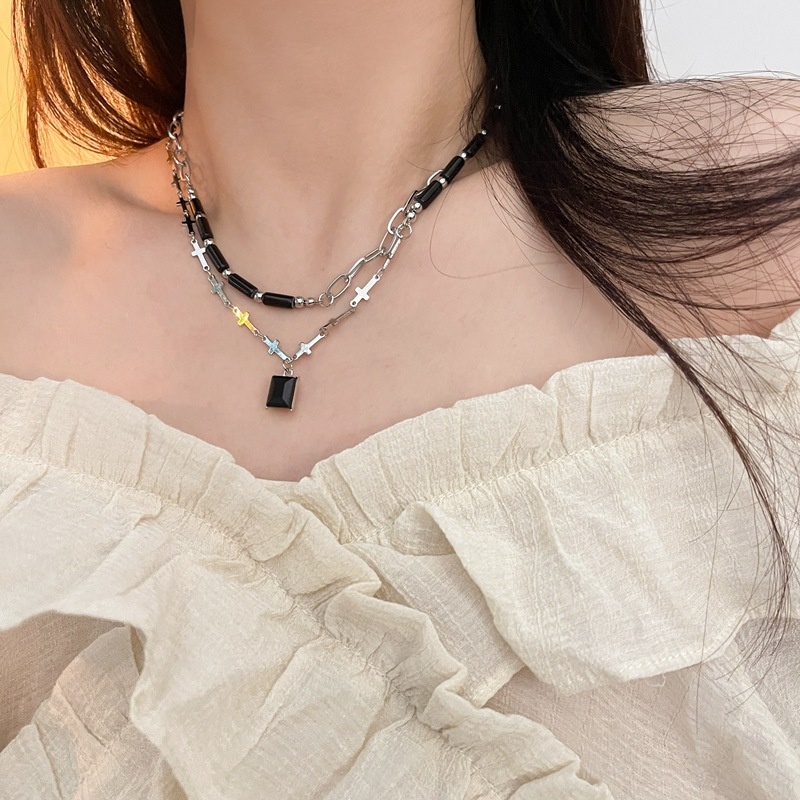 Kalung Rantai Klavikula Ganda Warna Hitam Untuk Aksesoris