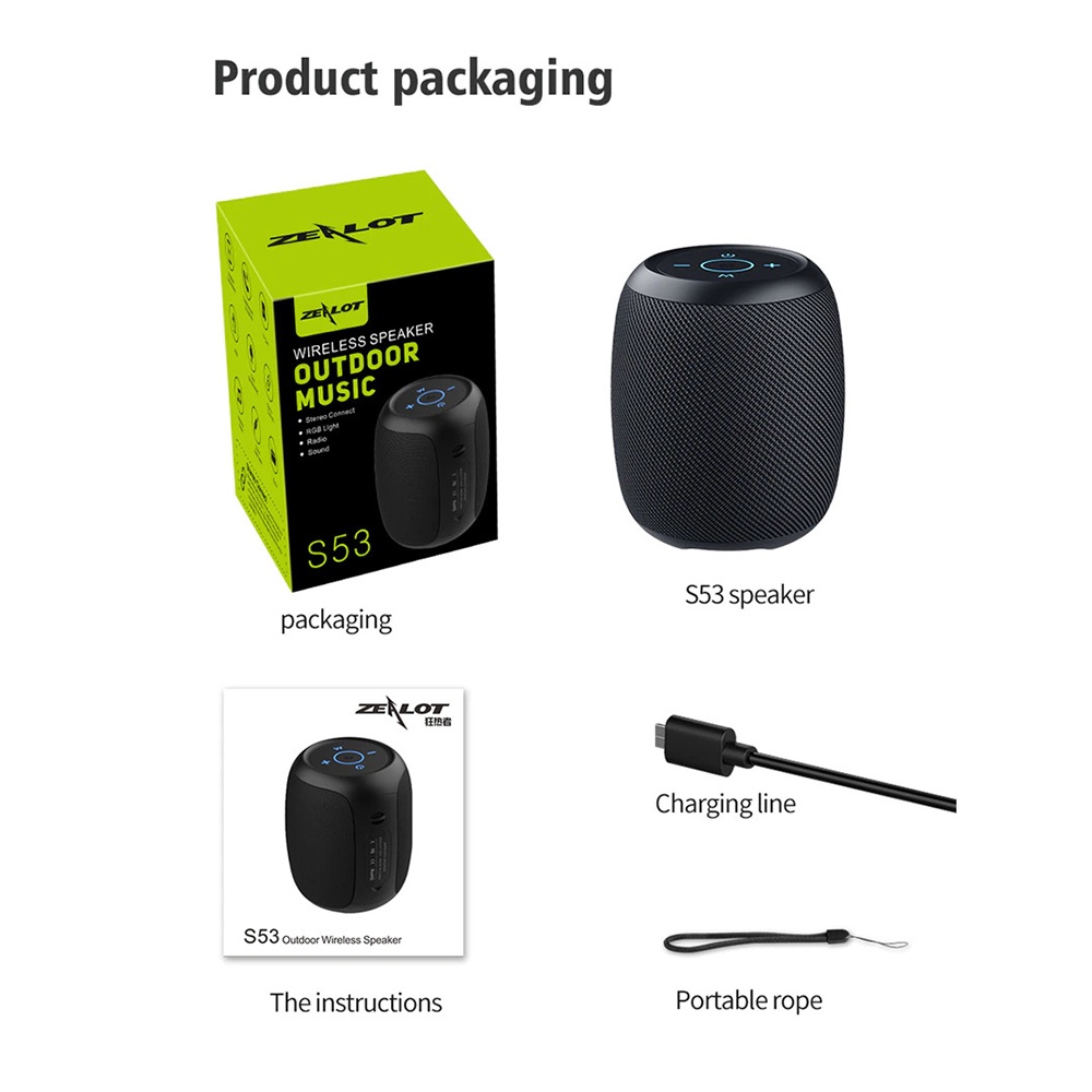 ZEALOT PORTABLE BLUETOOTH SPEAKER STEREO RGB WATERPROOF IPX7 S53 BLACK