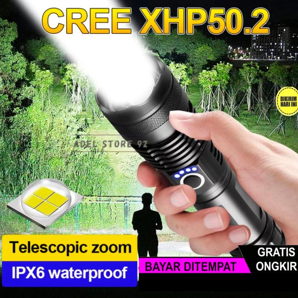 PAKET LENGAKAP SENTER LED TACTICAL 200000 LUMENS XHP 50.2 LAMPU BERBURU, SENTER PALING KUAT USB  XHP