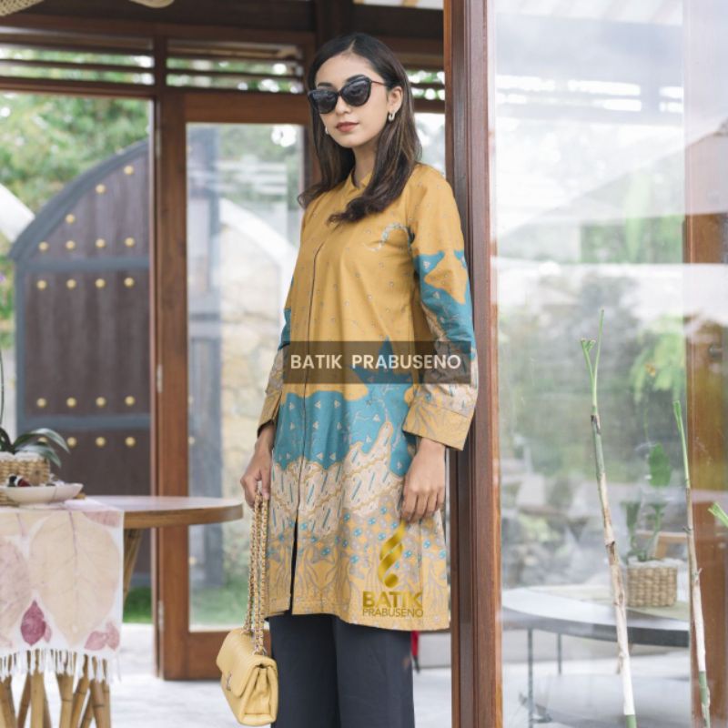 TUNIK Batik Wanita Prabuseno MOTIF GAVIN KUNING Bahan : Katun Printing Lapis Trikot Zipper Depan  (B