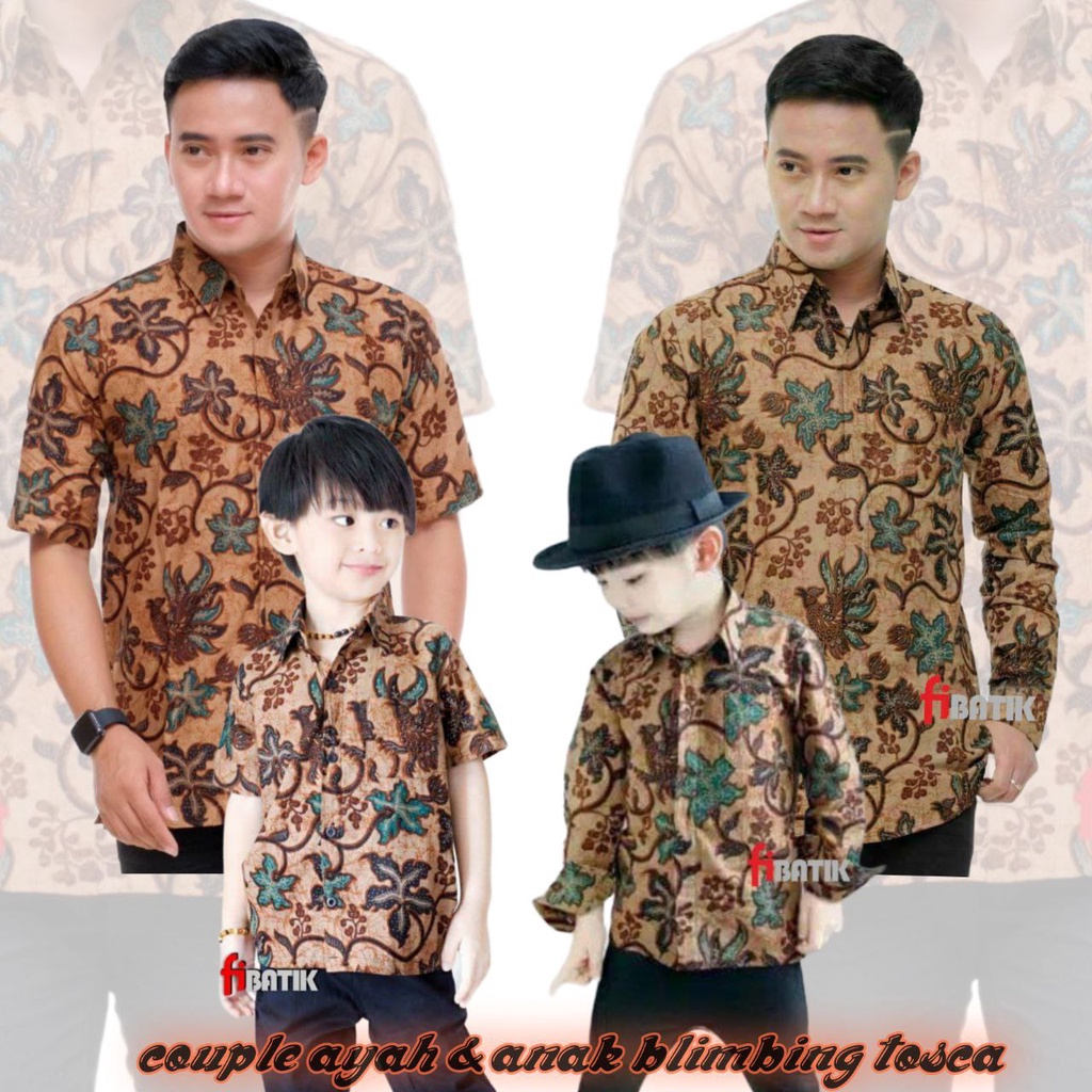 Batik couple ayah dan anak laki laki-Baju batik pria-kemeja batik pria lengan pendek-motif blimbing tosca-Batik couple keluarga