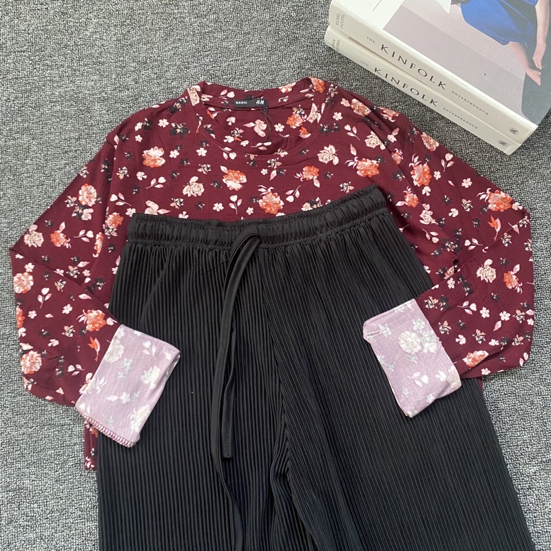 ONE SET Setelan Kaos dan Kulot-FlowerMarun-KL Black