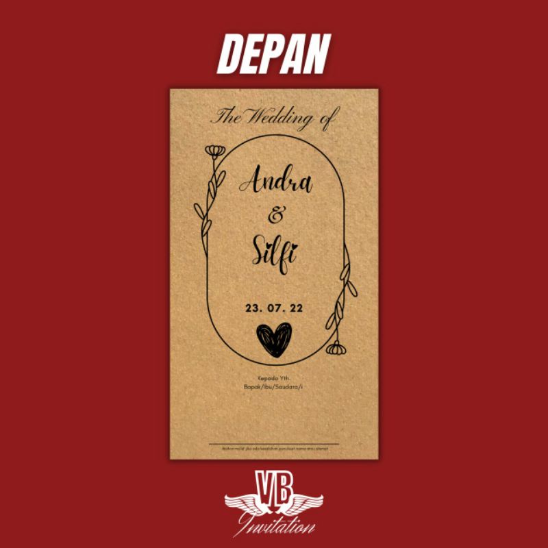 Undangan Pernikahan Kertas Coklat Murah Design Rustic Simple Elegant Uk 13x20 Kode VBU 017