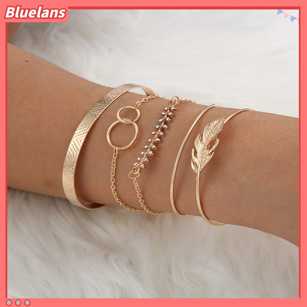 5pcs / Set Gelang Model Terbuka Desain Daun Aksen Berlian Imitasi Untuk Wanita