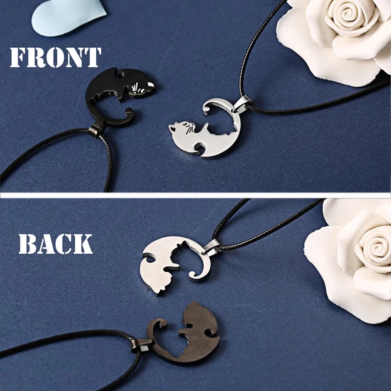 2pcs / Set Kalung Rantai Choker Hias Liontin Hewan Kucing Hati Bahan Stainless Steel Untuk Pasangan