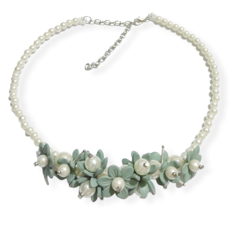 Veera Flowery Pearl Necklace Kalung Pesta Premium Kalung Hijab Mutiara Choker Bunga Flower