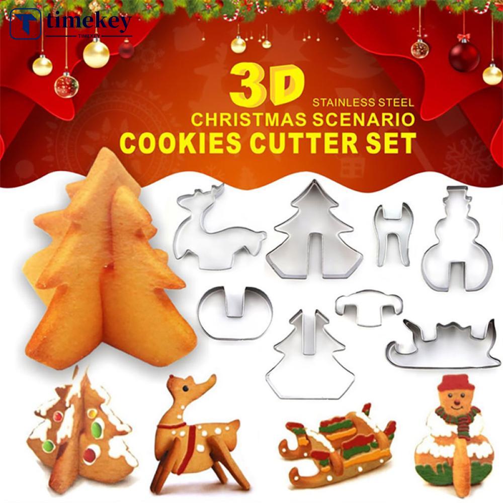 Timekey 8pcs / Set Cetakan Pemotong Biskuit / Cookies Bentuk Snowman / Pohon Natal 3D Bahan Stainless Steel O4V5