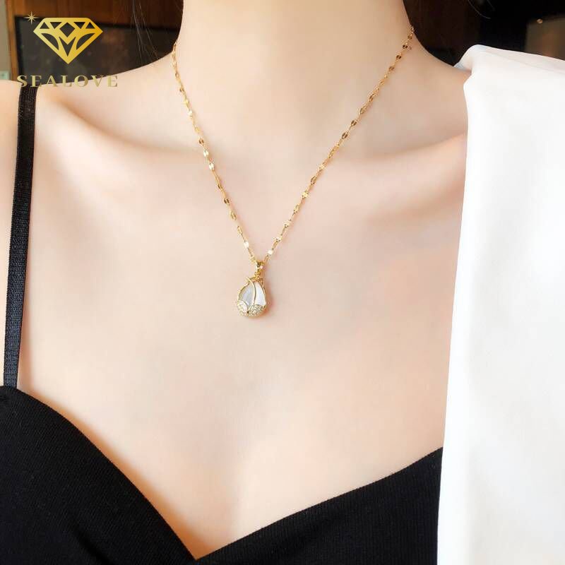 Kalung Titanium Anti Karat tulip Opal Lucu Beruntung Emas 18k Perhiasan Wanita