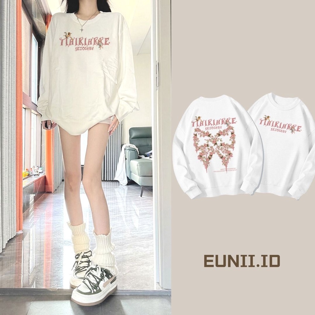 Sweater Lengan Panjang Oversized Pink Bow Korean Style/Sweater Crop/Kaos Oversize/Switer Wanita