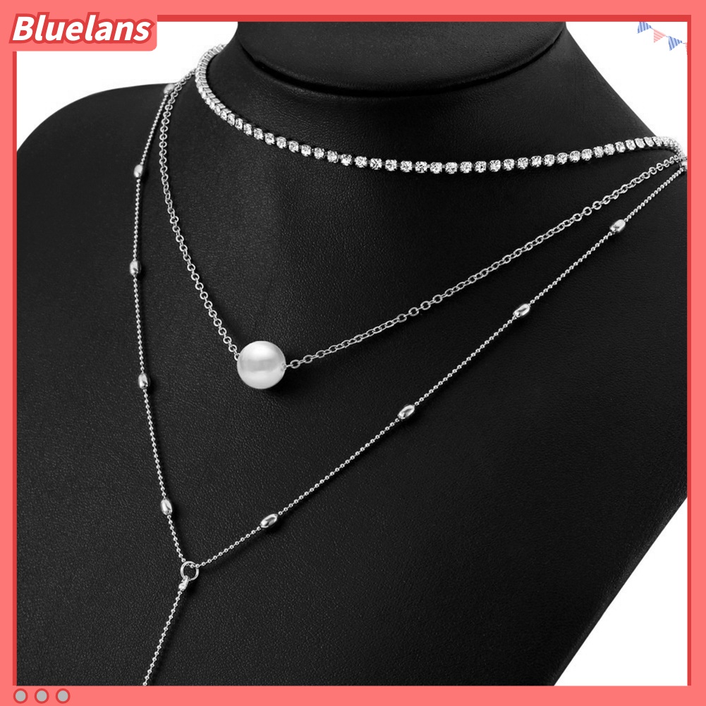 Kalung Choker Rantai Multilayer Hias Mutiara Berlian Imitasi Untuk Wanita