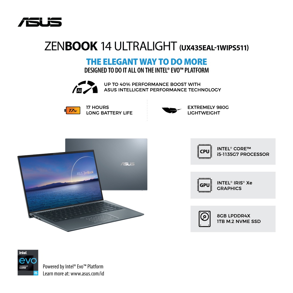 ASUS Zenbook UX435EAL-1WIPS511 i5 1135G7 8GB 1TB SSD IrisXe W10+OHS