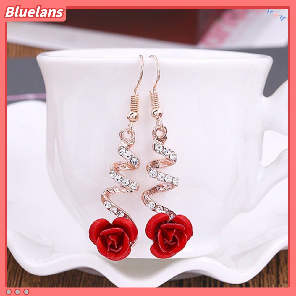 Bluelans Rhinestone Inlaid Rose Flower Spiral Dangle Women Hook Earrings Jewelry Gift