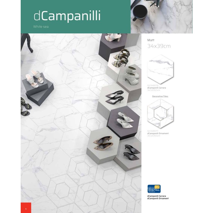 KERAMIK LANTAI 34X39 CM ROMAN HEXAGONAL DCAMPANILLI CARRARA GRADE A
