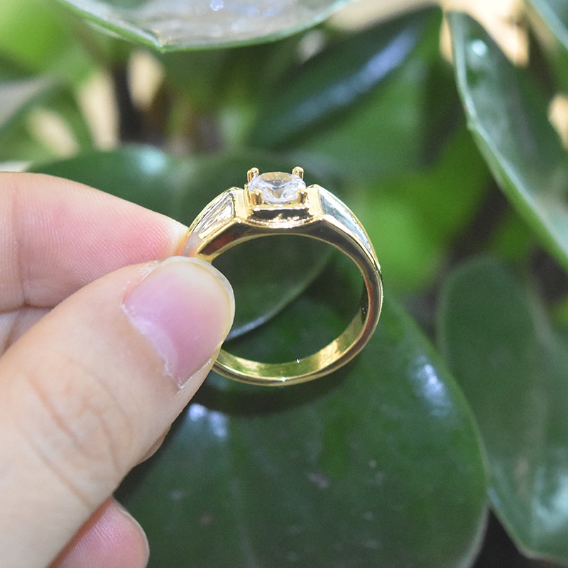 Goldkingdom Perhiasan Fashion Emas Asli Kadar 375 Bangkok Aksesoris Ready Stock Berlapis Emas Mosson Berlian Two-tone Cincin Sederhana Zirkon Sejati Cincin Pertunangan Laki-Laki