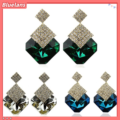 Bluelans Anting Tusuk Gantung Bentuk Kotak Besar Hias Berlian Imitasi Untuk Wanita