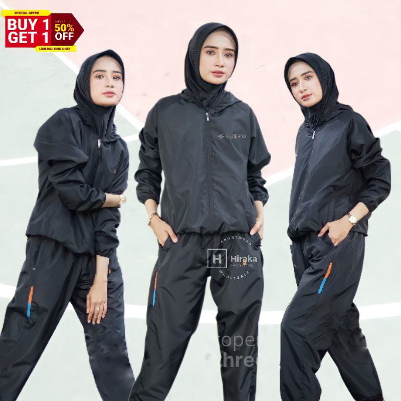 Stelan Olahraga Muslimah Set Jaket Parasut Celana Training Jogging Pelindung UV Pembakar Lemak Pria 