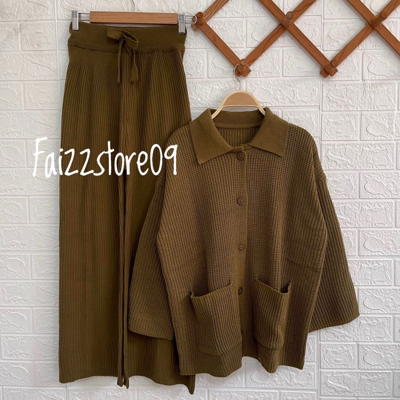One set Stelan Celana Kulot Wanita / Keyra Oversize Cardigan Rajut Kancing Wanita