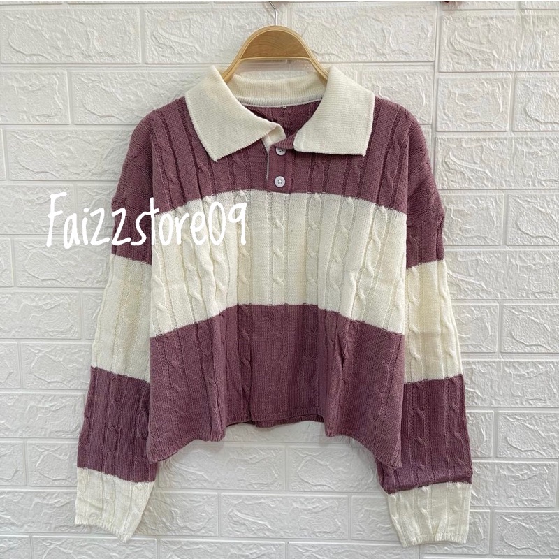 Rahmadhani Sweater kerah crop top knits cable wanita tebal