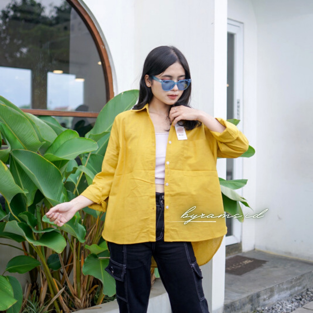 Kemeja Wanita Oversize Linen Olivia Shirt Linen Pocket Oversize-MUSTARD