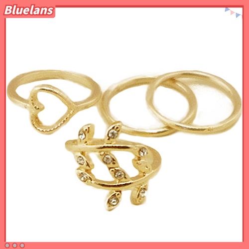4 PCS Perhiasan/Set Cincin Jari Model Bertumpuk Bentuk Daun Hati Bahan Berlian Imitasi