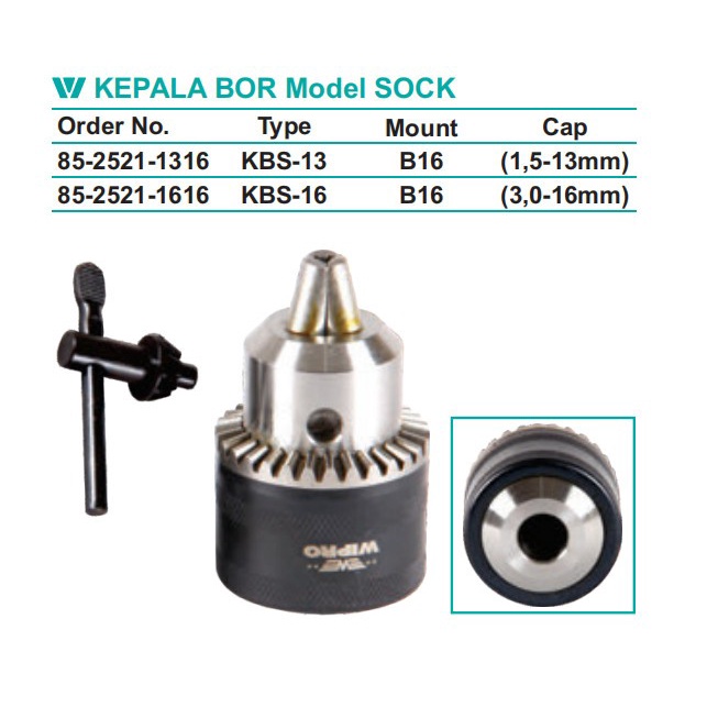 WIPRO KBS-16 Kepala Bor/Drill Chuck 16mm Sock B16 u/ Mesin Bor Duduk