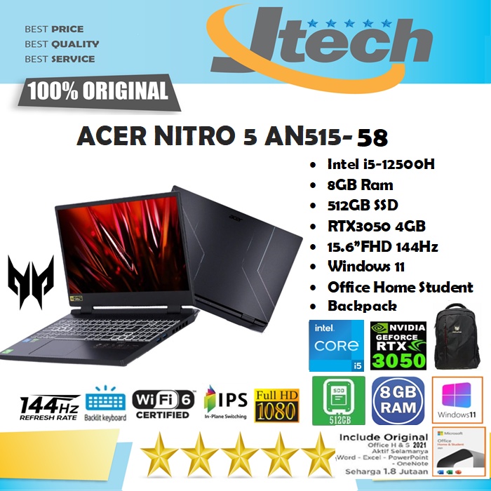 ACER NITRO 5 AN515-58 - i5-12500H - 8GB - 512GB SSD - RTX3050 4GB - 15.6&quot;FHD IPS 144Hz - WIN11 - OFFICE HOME STUDENT