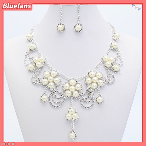 Bluelans Women Luxury Rhinestone Faux Pearl Necklace Earring Wedding Bridal Jewelry Set