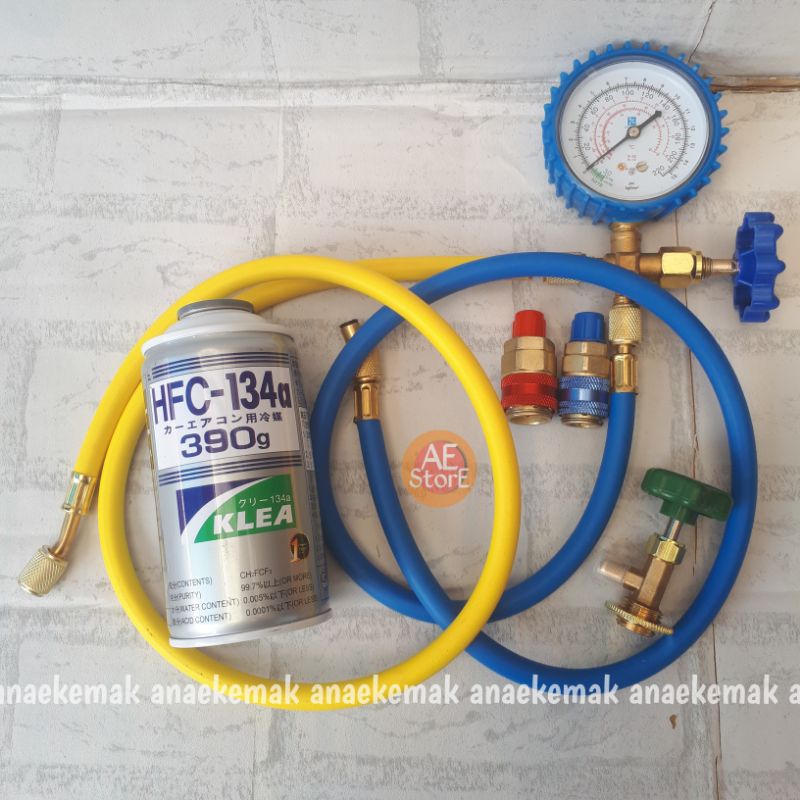 Paket lengkap AC Rumah &amp; Mobil Isi tambah Refrigeran/ gas Ac Mobil R134a / 134a kran selang Refrigeran/ gas AC kaleng single manifold 220 / 500 Psi Paket isi Refrigeran/ gas AC ac mobil kulkas anda paket Hfc 134 a Refrigeran Tinggal pake dingin murni