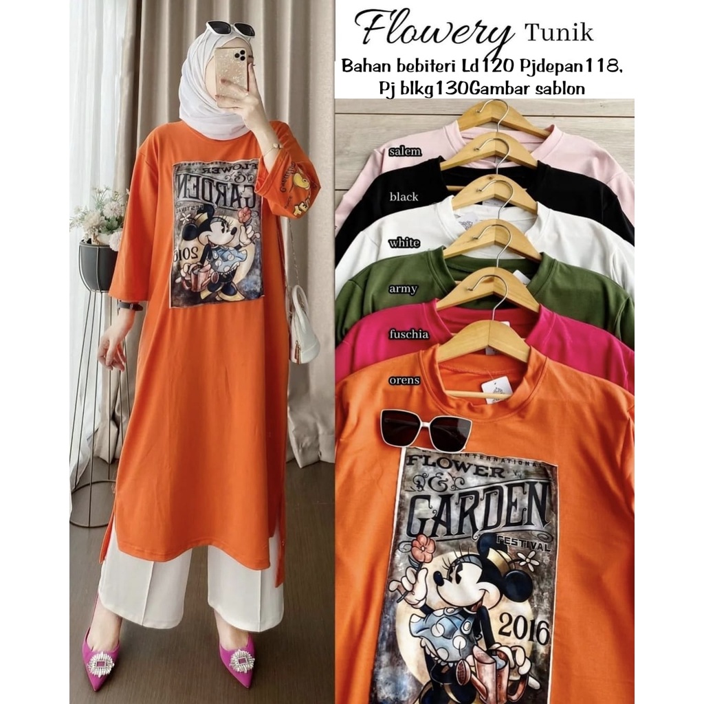 FLOWERY LONGTUNIK FASHION PAKAIAN WANITA BAHAN BABYTERRY JUMBO BIGSIZE MS