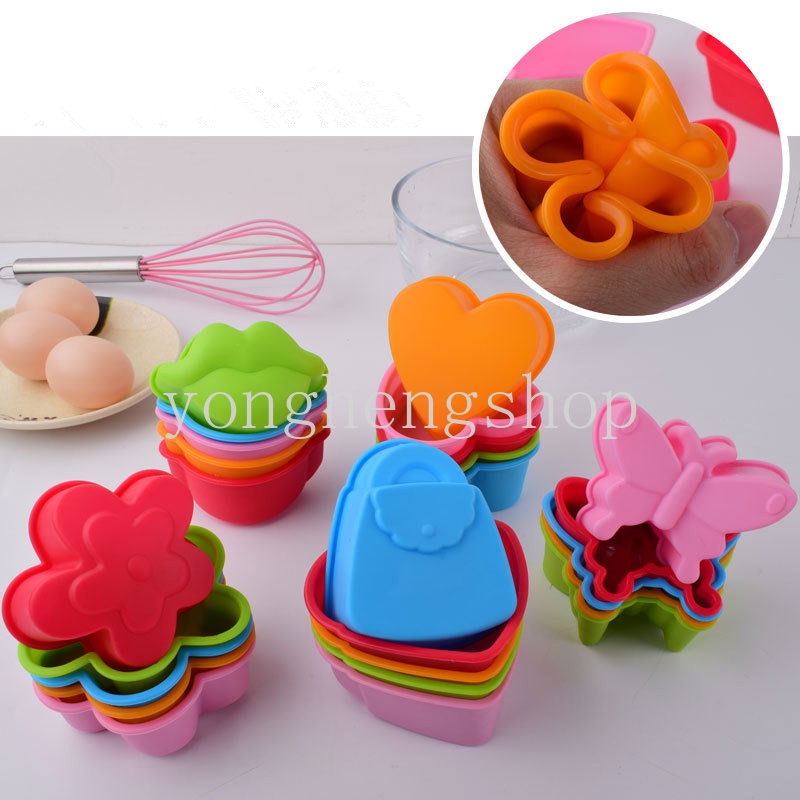 5pcs / set Cetakan Cupcake / Muffin Bentuk Kupu-Kupu / Hati / Bunga Bahan Silikon Anti Lengket