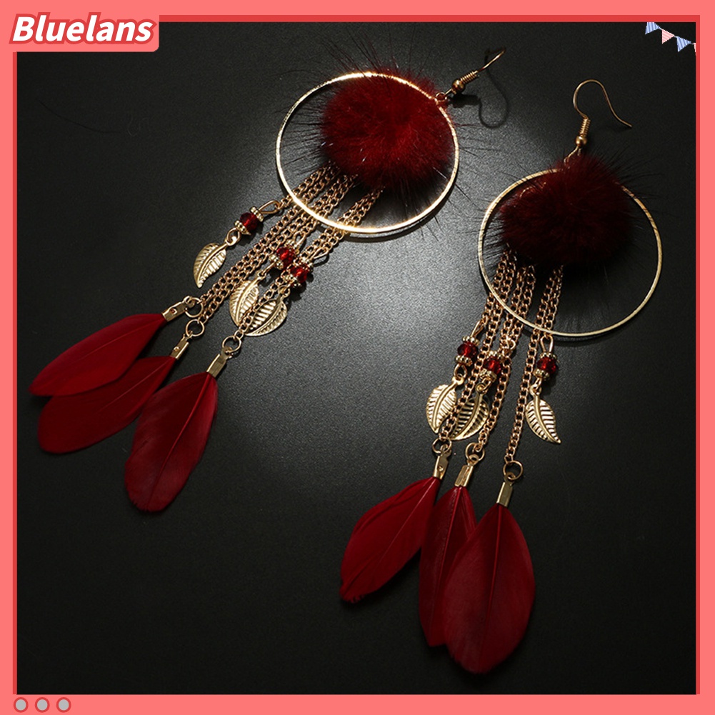 Anting Kait Gantung Panjang Desain Daun + Bulu Untuk Wanita