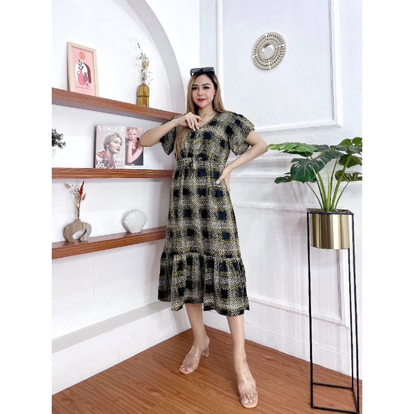 Dress serut daster kotak rayon premium