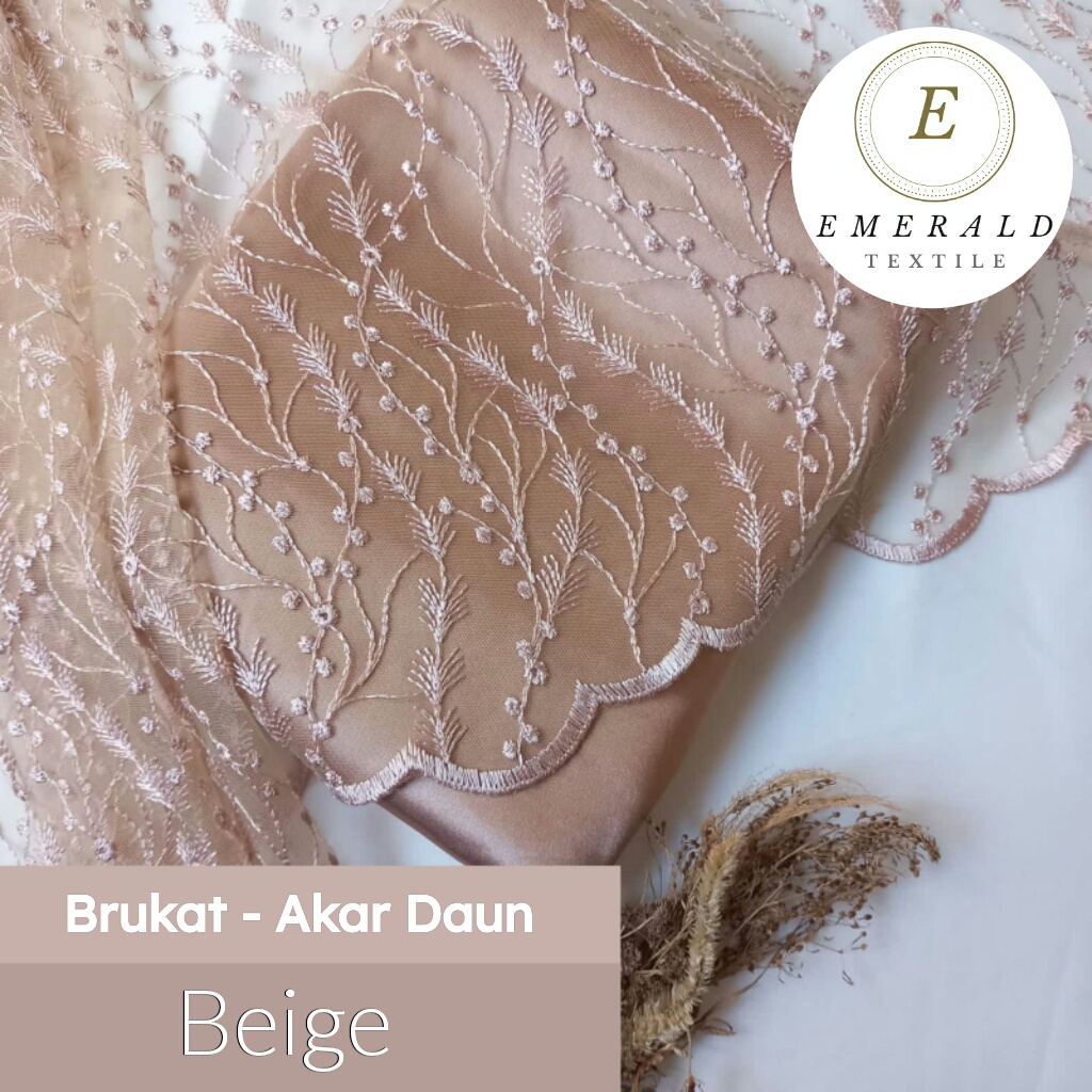 SETENGAH METER Kain Brukat Tile Prancis Premium Bahan Kebaya Motif Akar Daun - Beige ( HARGA PER 50cm KAIN )