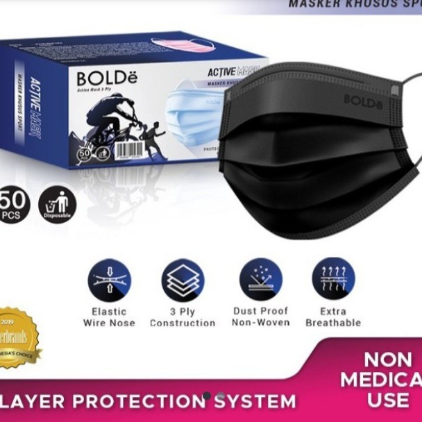 Jualan Masker Bolde Active Mask 3 Ply 50 Pcs Masker Sporty Hitam Bagus