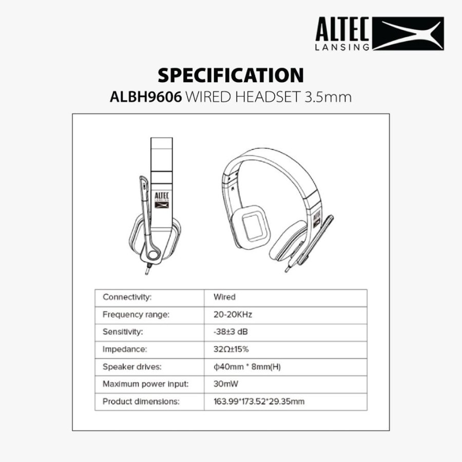 Headset altec lansing wired audio aux 3.5mm stereo bass with microphone albh-9606 -headphone albh9606