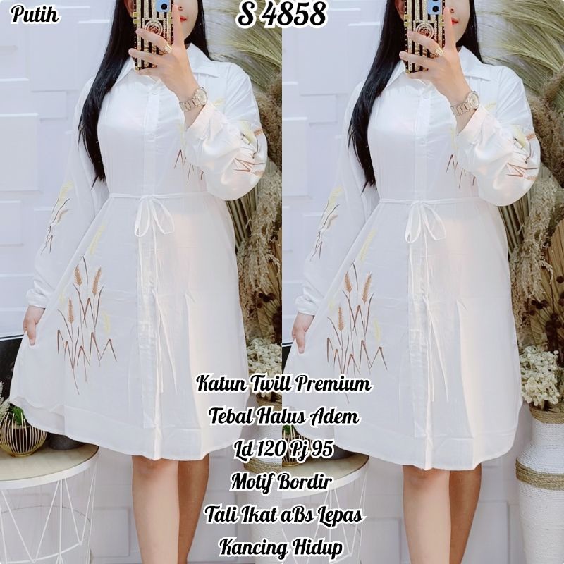 4858 #Tunik Katun Twill premium warna Putih Bordir  4L