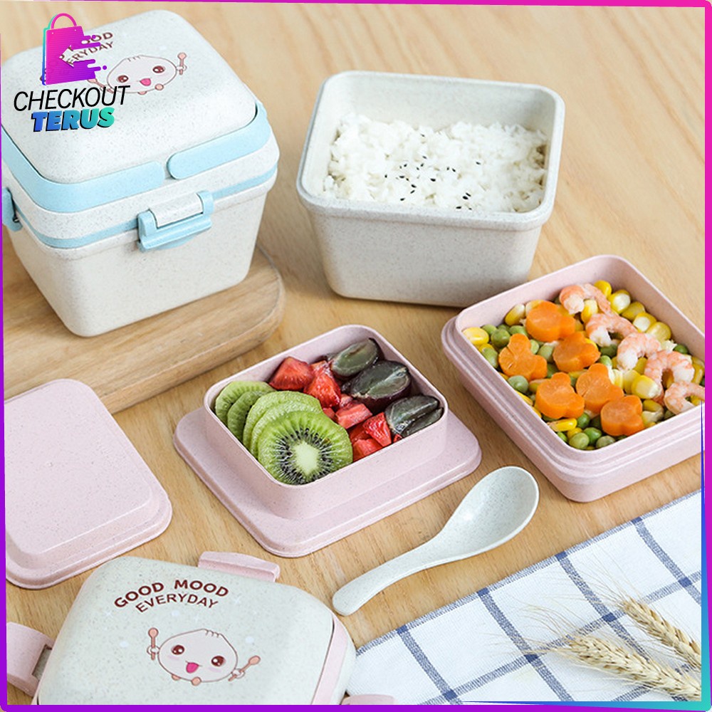 CT C692 Tempat Bekal Bento Set Microwavable Good Mood Everyday Portable BPA FREE Anti Tumpah Free Sendok Bahan PP Jerami Gandum Kotak Makan Lunch Box Set