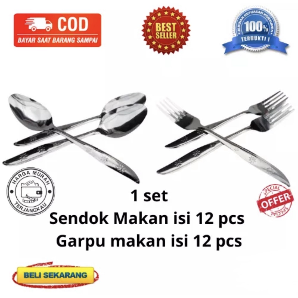 [BISA COD] DISKON Sendok Garpu Makan Isi 24 pcs Stainless Tebal 888 18gr Anti Karat Berkualitas Mura