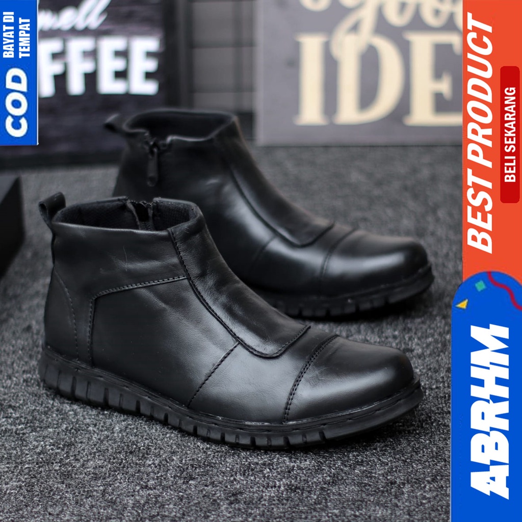 Sepatu Boots Pantofel Formal Kulit Asli Kerja Kantor Hitam Pria Abrhm Estem