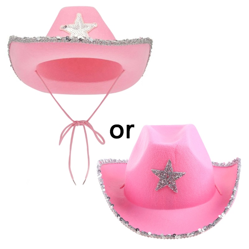 Topi Cowgirl Warna Pink Aksen Sequin Untuk Pesta Halloween