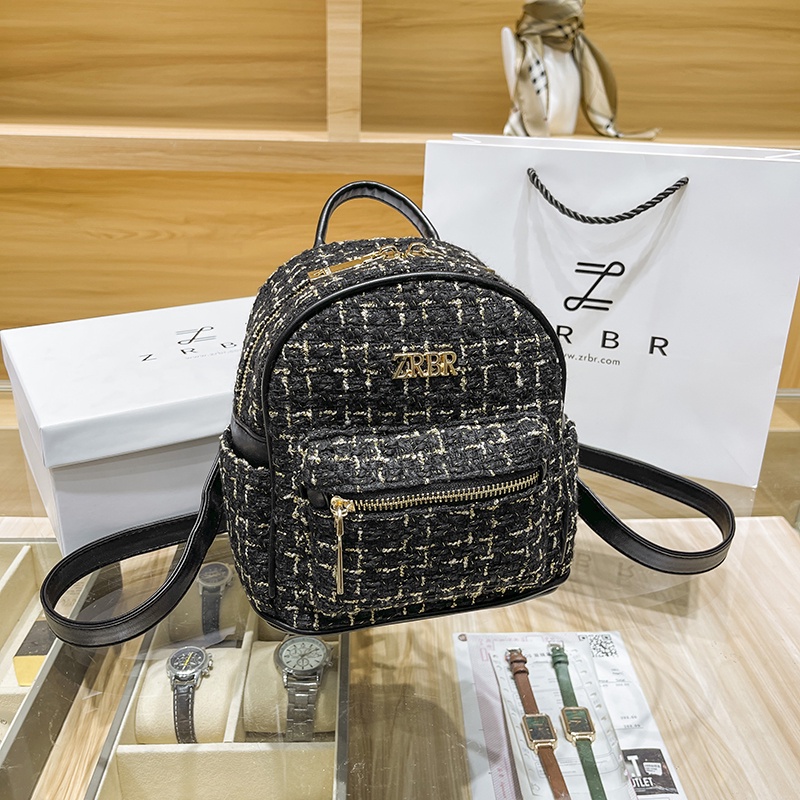 ZRBR - Tas Ransel Wanita Import Backpack Mini Cewek Stylish Korea - Tweed Trapez Backpack #9037-Black