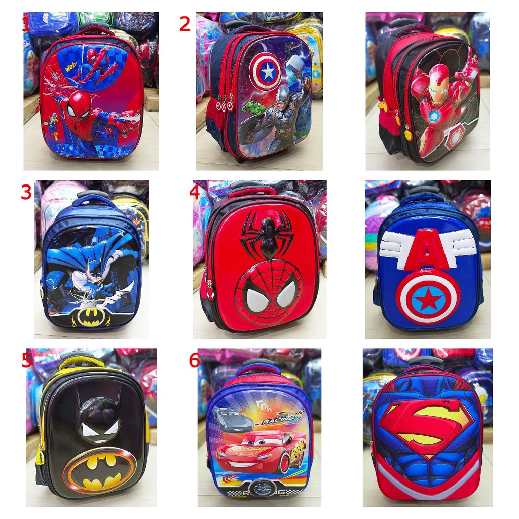 Tas Dorong Troli Anak COWOK TK Karakter SUPERHERO SPIDERMAN BATMAN AVENGERS IRONMAN - GAMBAR TIMBUL 