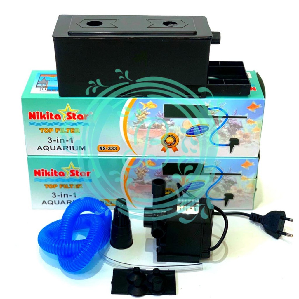 NIKITA STAR NS-333 TOP FILTER 3 IN 1 FULL SET Paket Box Atas Talang Lengkap 3in1 Pompa Power Head Selang Kapas Kotak Filtrasi Tank Akuarium Ikan Aquascape