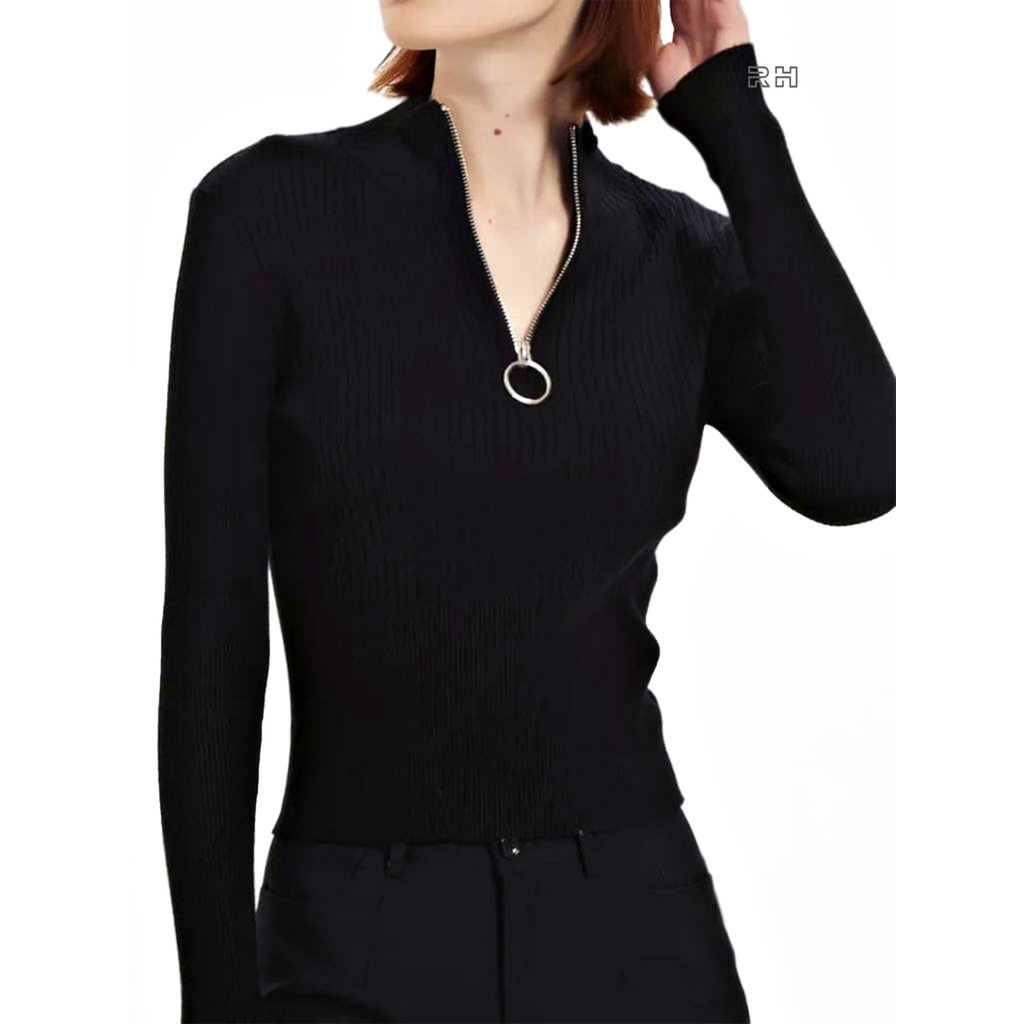 atasan rajut wanita lengan panjang RH kerah tinggi zipper salur sweater polos turtleneck resleting sweater rajut wanita