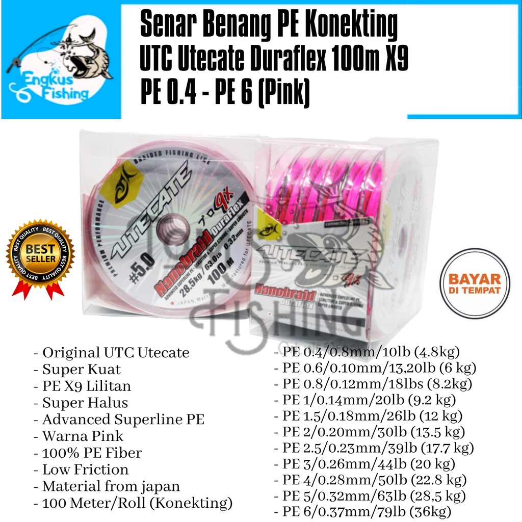 Senar Benang Pancing PE UTC Utecate Duraflex X9 Pink (PE 0.4 - PE 6) 100M/Roll Konekting - Engkus Fishing