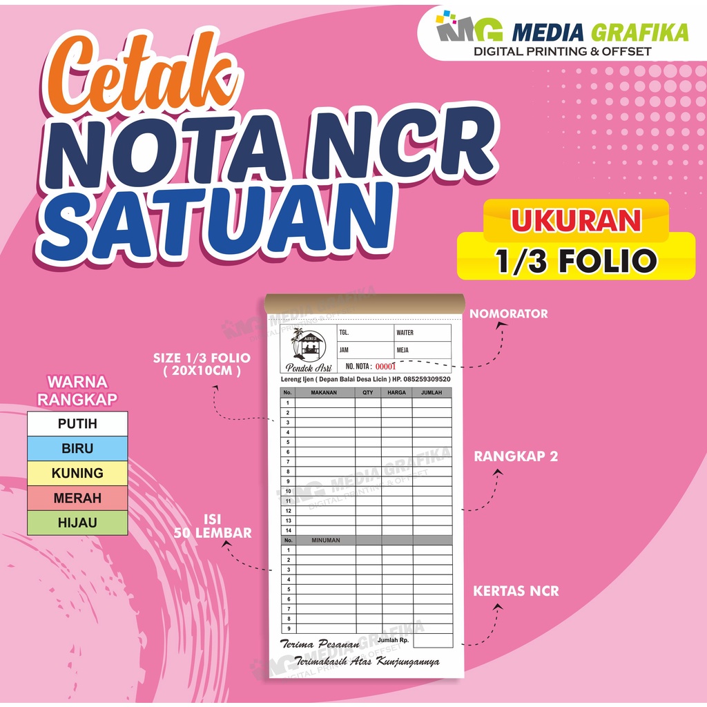

NOTA SATUAN 1/3 Folio Nama Toko sesuai Pemesan, bisa cantumkan LOGO TOKO